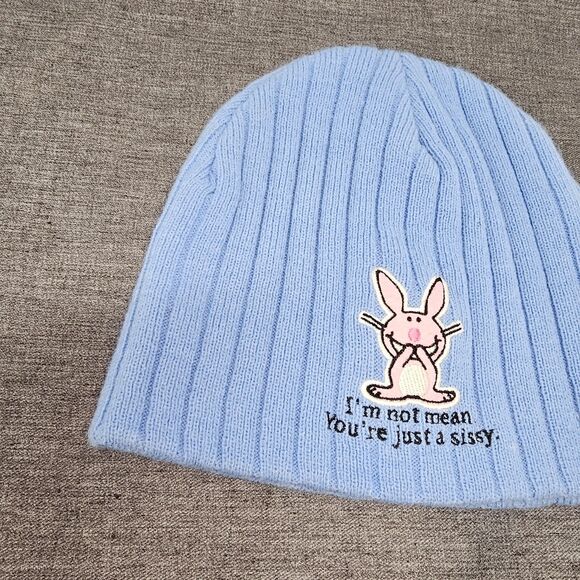 Jim Benton Happy Bunny Beanie Blue Knit “You're Just a Sissy” Acrylic Hat - Picture 4 of 11